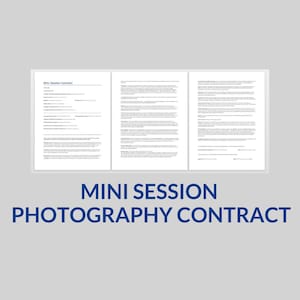 May include: A three-page contract for a mini photography session. The contract includes details about the session, pricing, and payment terms. The contract is titled "Mini Session Contract".