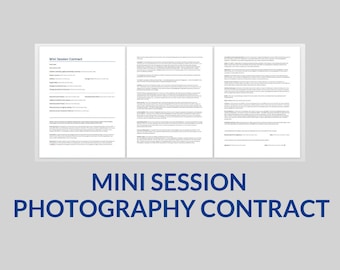 Könnte beinhalten: Ein dreiseitiger Vertrag für eine Mini-Fotosession. Der Vertrag enthält Details zur Session, den Preisen und den Zahlungsbedingungen. Der Vertrag trägt den Titel "Mini Session Contract".
