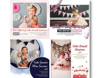 Plantillas de marketing de sesiones de Cake Smash para fotógrafos, plantillas de minisesiones de fotografía de Cake Smash, plantillas PSD