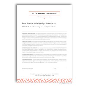 May include: A black and white document with the title "Print Release and Copyright Information" and the text "This USB contains high-resolution digital image files for: YOUR IMAGES."  The document also includes the text "OLIVIA GRAYSON PHOTOGRAPHY Fine Art Portraits" at the top.