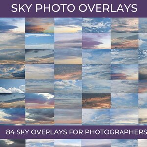 May include: A collage of 84 sky photo overlays for photographers. The images feature a variety of cloud formations, including fluffy white clouds, wispy cirrus clouds, and dramatic storm clouds. The skies are a mix of blue, gray, and orange hues.