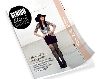 May include: A black and white guide titled "Senior Client Guide" with the text "The what to wear guide" and "Not sure where to start when it comes to styling your session? We can help!"  The guide features a photo of a woman wearing a black hat, a black and white patterned blazer, a black skirt, and black and white patterned tights. The guide also includes the text "Phani PANA" and "YOUR NAME STUDIO".