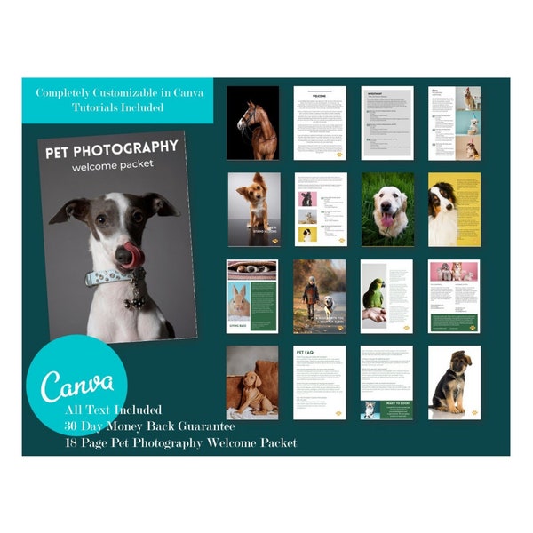 Klantengidssjabloon voor huisdierfotografie voor Canva, welkomstpakket, Canva-sjablonen voor huisdierenfotografen