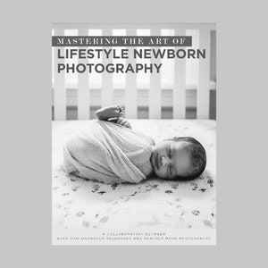May include: A black and white photo of a newborn baby sleeping in a crib. The baby is wrapped in a blanket and has its eyes closed. The photo is titled "Mastering the Art of Lifestyle Newborn Photography" and is a collaboration between 5240 Photographer Resources and Heather Mohr Photography.