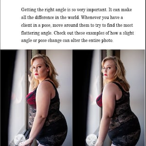 May include: Two images of a woman posing in front of a window. The woman is wearing a black lace bodysuit with a red bra peeking out. The images show how a slight change in angle can alter the look of a photo.