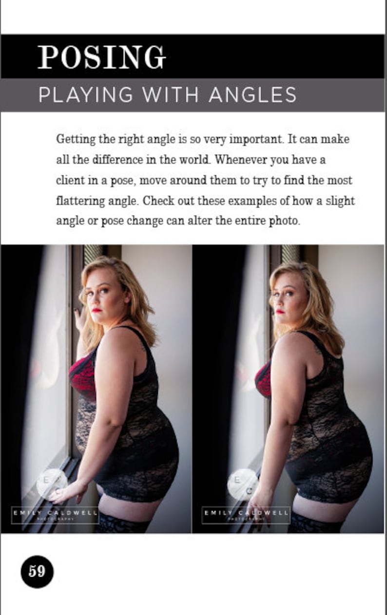 May include: Two images of a woman posing in front of a window. The woman is wearing a black lace bodysuit with a red bra peeking out. The images show how a slight change in angle can alter the look of a photo.