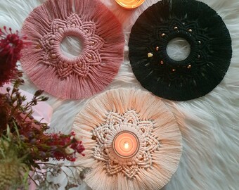 Macrame lotus mandala with tea light, star, festive table decoration in boho design, home accessory