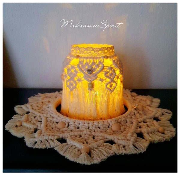 Windlicht Makramee Boho-Design, Geschenkset, Tischdeko, macrame light, macrame deco, boho lamp, Wohnaccessoire, Festliches Geschenk