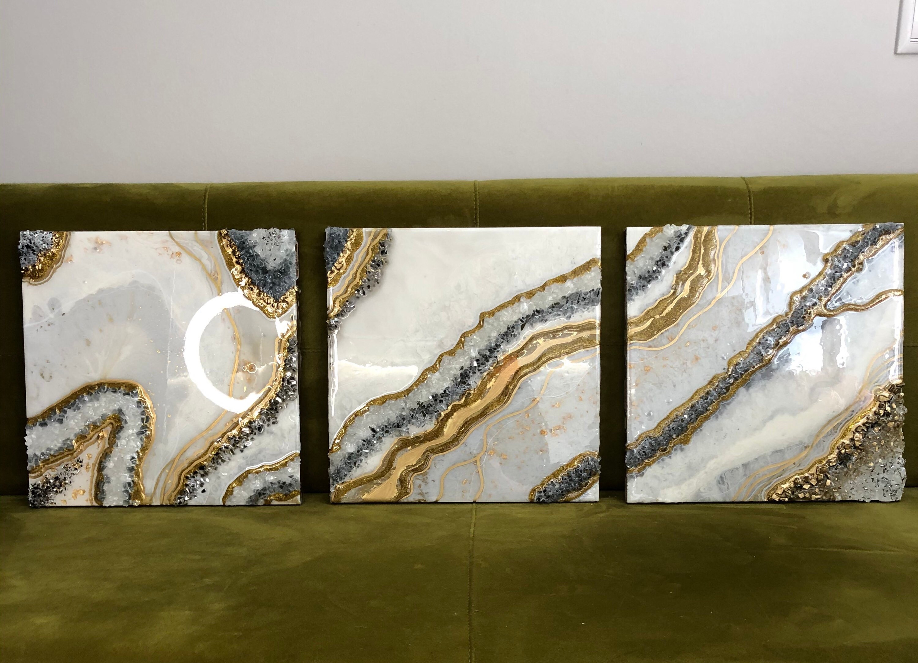 3 Piece Geode Wall Art. White Gold Resin Art is Modern Wall Etsy