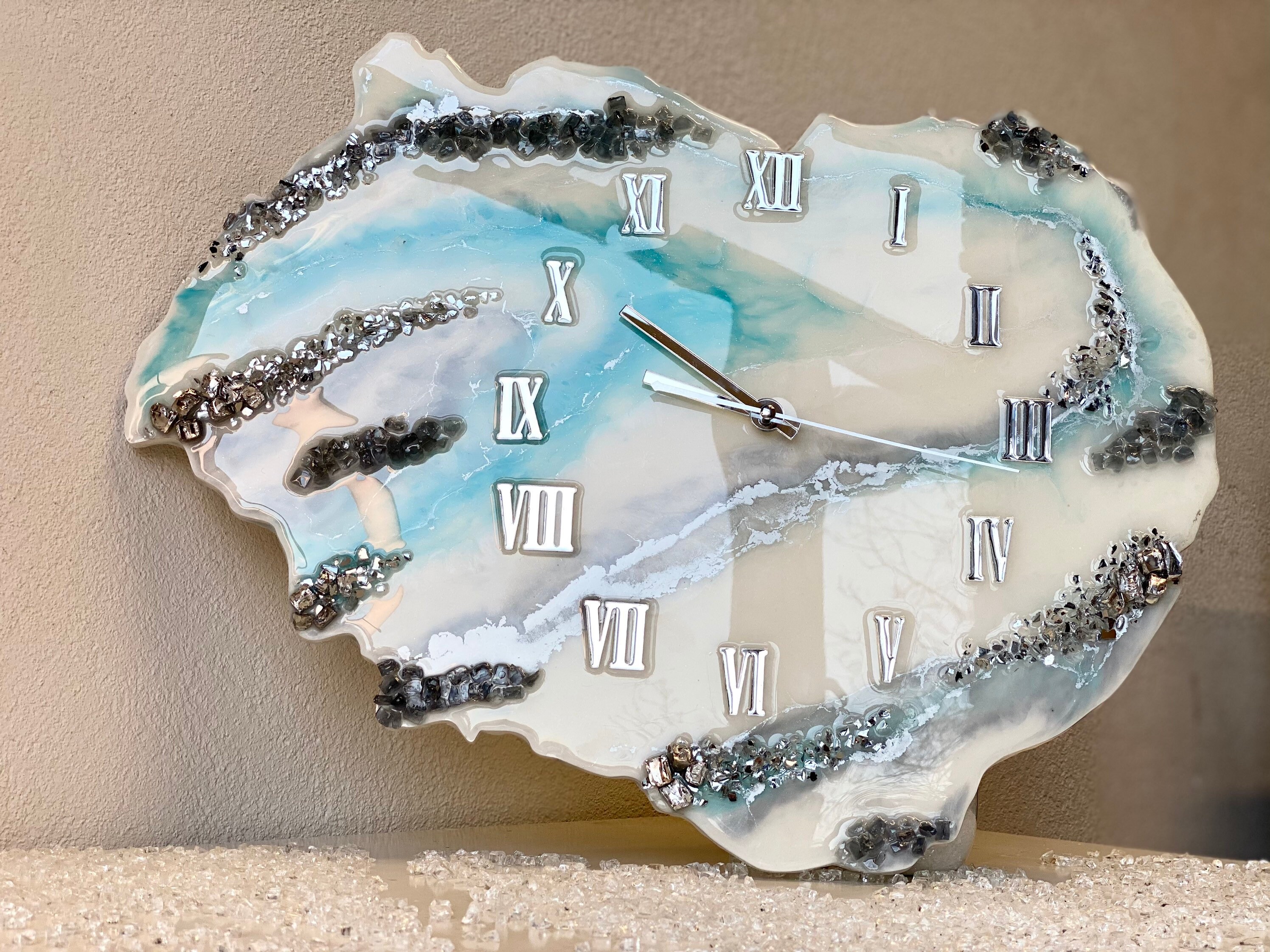 Large wall clock is blue white geode resin clock. Aesthetic Etsy