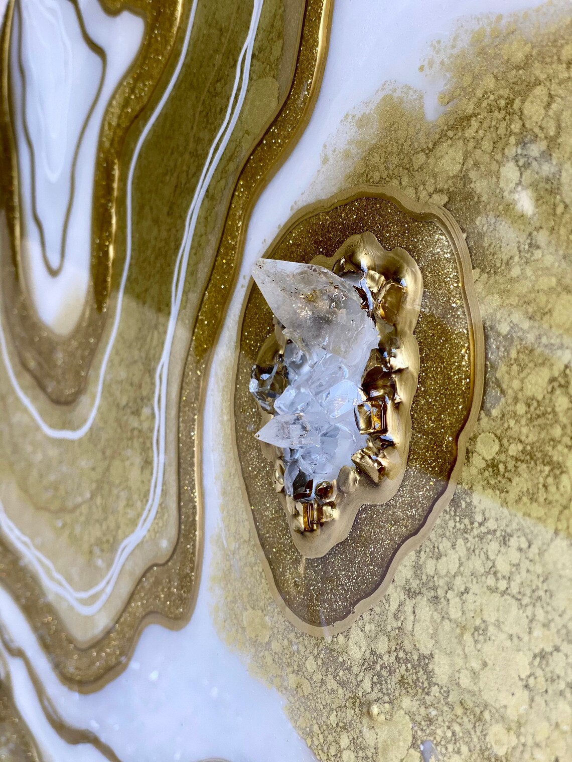 Gold resin art 2 piece. Abstract Quartz Crystals geode art for Etsy