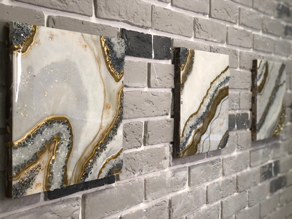 3 Piece Geode Wall Art. White Gold Resin Art is Modern Wall Etsy
