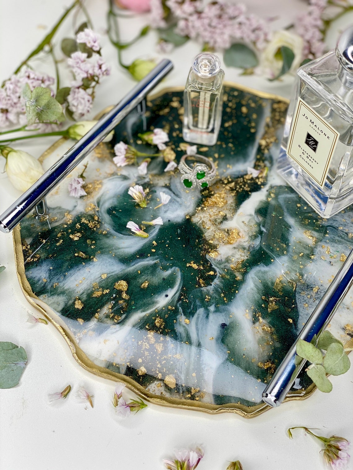 Pink resin rolling tray round geode vanity tray for perfume Etsy