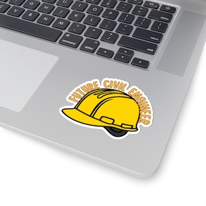 May include: A yellow hard hat sticker with the text "FUTURE CIVIL ENGINEER" in an arc above the hat. The sticker is on a laptop.