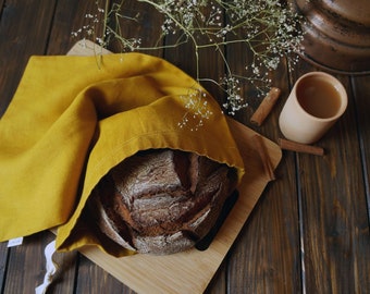 Yellow Zero Waste Linen Bread Bag. Reusable Storage Bag