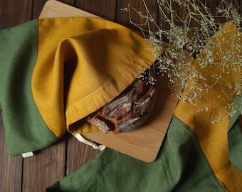 Zero Waste Linen Bread Bag. Reusable Storage Bag in Yellow and Green