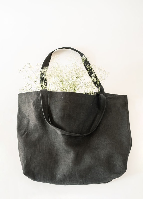 Black Linen Shopping Bag. Large Tote Bag. Beach Bag Etsy