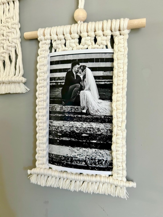 Macrame Photo Frame, Wall Hanging, Small Wood and Cotton Tapestry, Woven Wall Decor, Boho Furniture for Home, Romantic Gift