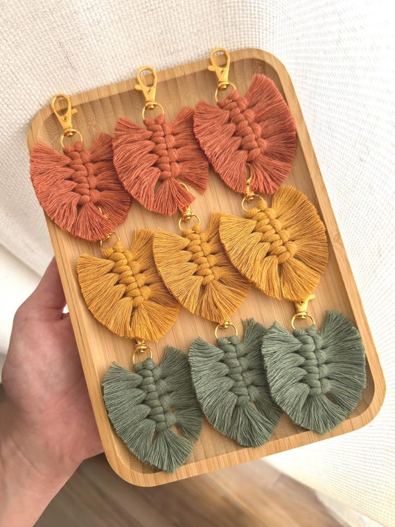 Macrame Leaf Keychain, Fall Accessory, Handmade Boho Decor, Cozy Fall Vibes, Recycled Cotton