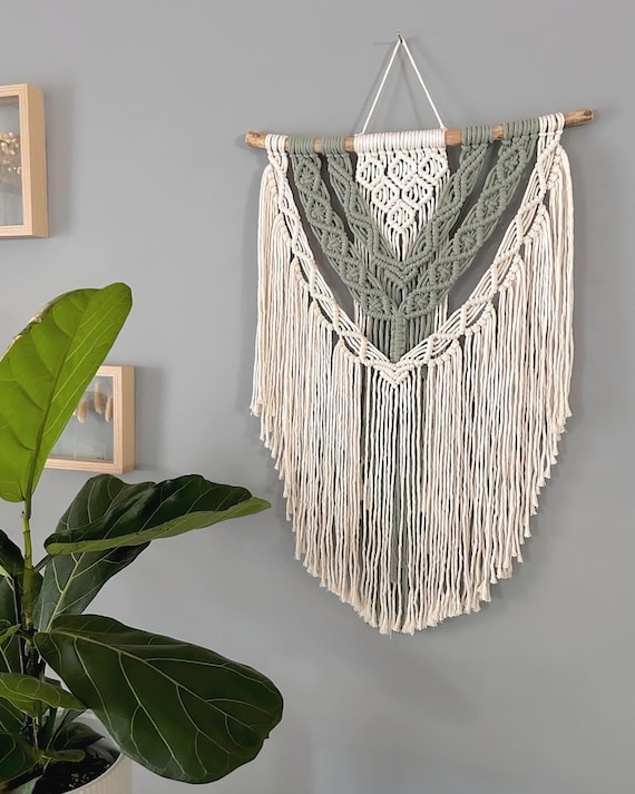 ZOE // Macramé Wall Hanging, White Natural Wood and Cotton Tapestry, Long Woven Wall Decor, Boho Furniture for Home, Bohemian Wall Art