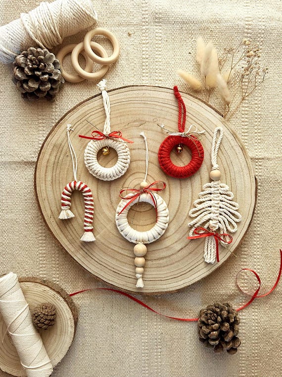 Macrame Christmas Decoration Set, Christmas Tree Ornaments, Red and White Christmas Accessories, Gift Idea, Recycled Cotton