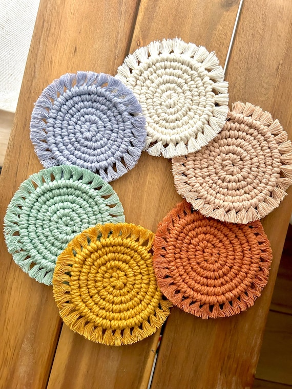 MACRAME COASTER, Rug for objects and plants, Cupholder coaster, Coasters set, Coasters in 100% recycled cotton, Boho table