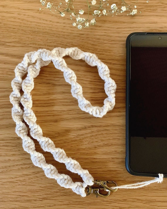 Cell Phone Chain, Macrame Strap, Cell Phone Holder or Wrist Keychain for Car Home or Cell Phone, Boho Lanyard, 100% Recycled Cotton