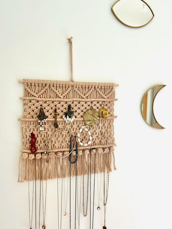 Macrame Jewelry Organizer, Boho Cotton Wall Mount Jewelry Holder, Earring Necklace Bracelet Organizer, Jewelry Display, Customizable