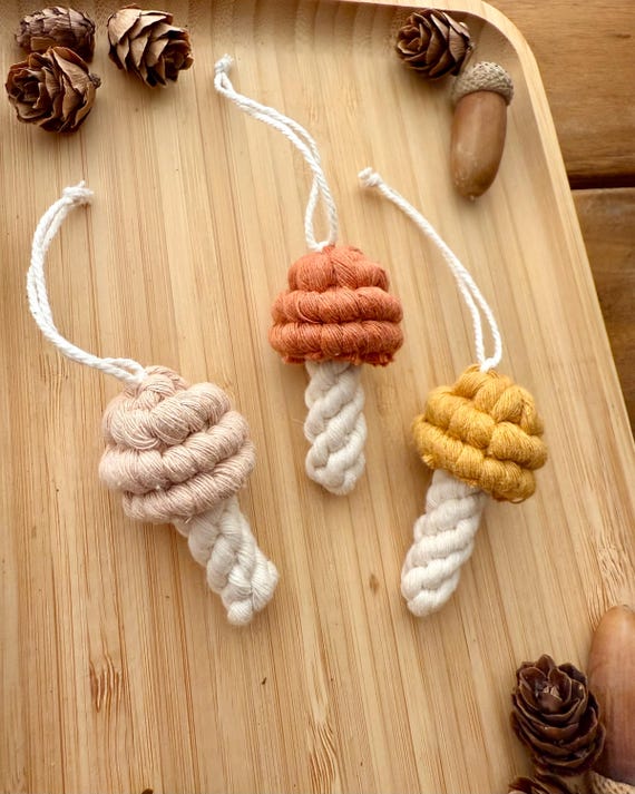 Macrame Mushroom Keychain, Fall Accessory, Handmade Boho Decor, Cozy Fall Vibes, Recycled Cotton
