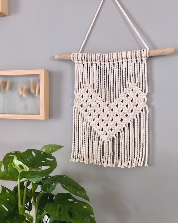 HEART // Macramé Wall Hanging, White Natural Wood and Cotton Tapestry, Long Woven Wall Decor, Boho Furniture for Home, Bohemian Wall Art
