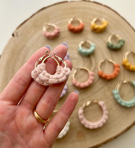 BOHO MACRAME EARRINGS, Fabric Embroidered Hoop Pendants, Women's Stud Earrings, Colorful and Lightweight, Handmade in Recycled Cotton