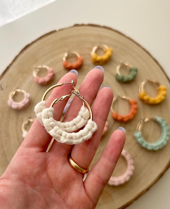 Boho Macrame Earrings, Embroidered Fabric Hoop Earrings, for Women, Colorful and Lightweight, Handmade from Recycled Cotton