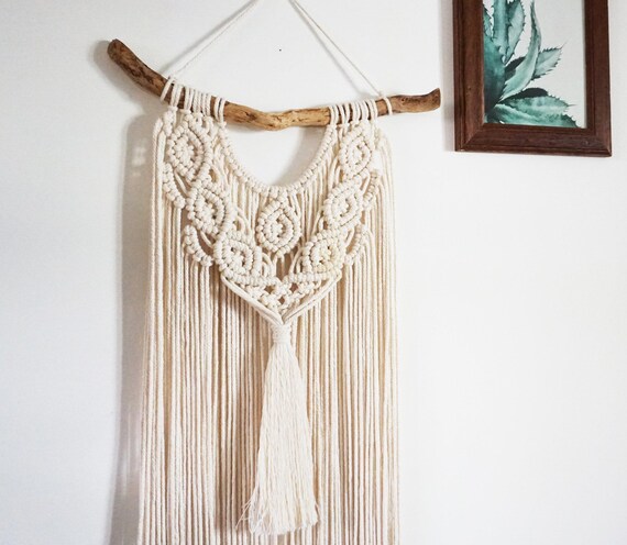 GRACE // Macramé Wall Hanging, White Natural Wood and Cotton Tapestry, Long Woven Wall Decor, Boho Furniture for Home, Bohemian Wall Art