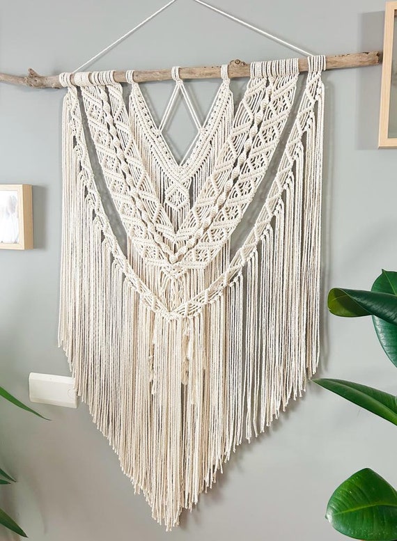 GEA // Macramé Wall Hanging, White Natural Wood and Cotton Tapestry, Large Woven Wall Decor, Boho Furniture for Home, Bohemian Wall Art