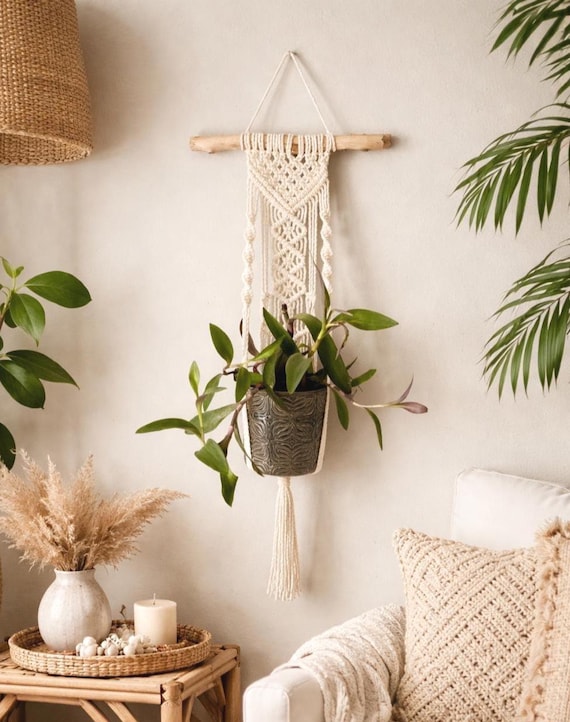 Macrame Wall Plant Holder, Indoor and Outdoor Plant Hanger, Boho Hanging Planter, Plant Holder with Wooden Branch, Home Decor