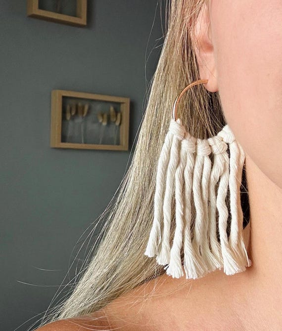 Boho Macrame Earrings, Embroidered Fabric Hoop Earrings, Women's Stud Earrings, White and Lightweight, Handmade from Recycled Cotton