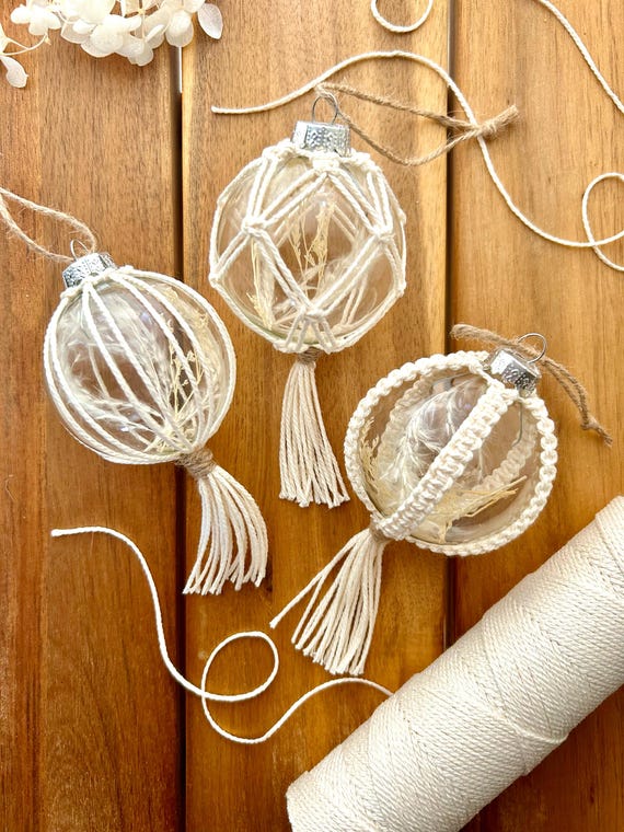 Macrame Christmas Ball, Boho Christmas Tree Ornaments, Glass and Cotton Christmas Ornaments, Natural Holiday Decor, Christmas Gift Idea
