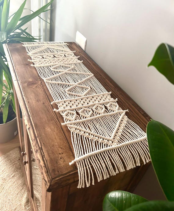 MACRAME RUNNER, Table Decoration, Woven Centerpiece, Boho Home Decor, 100% Recycled Cotton, Fall Tabletop