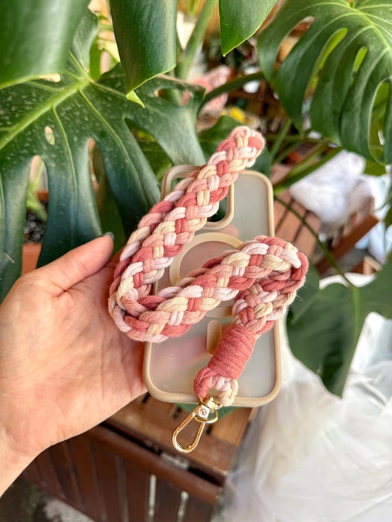 Pink Macrame Cell Phone Lanyard, Phone Strap, Badge Holder, Cotton Neck Lanyard Keychain, Boho Necklace