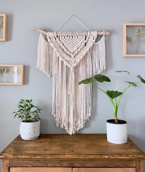 SOPHIE // Macramé Wall Hanging, White Natural Wood and Cotton Tapestry, Big Woven Wall Decor, Boho Furniture for Home, Bohemian Wall Art