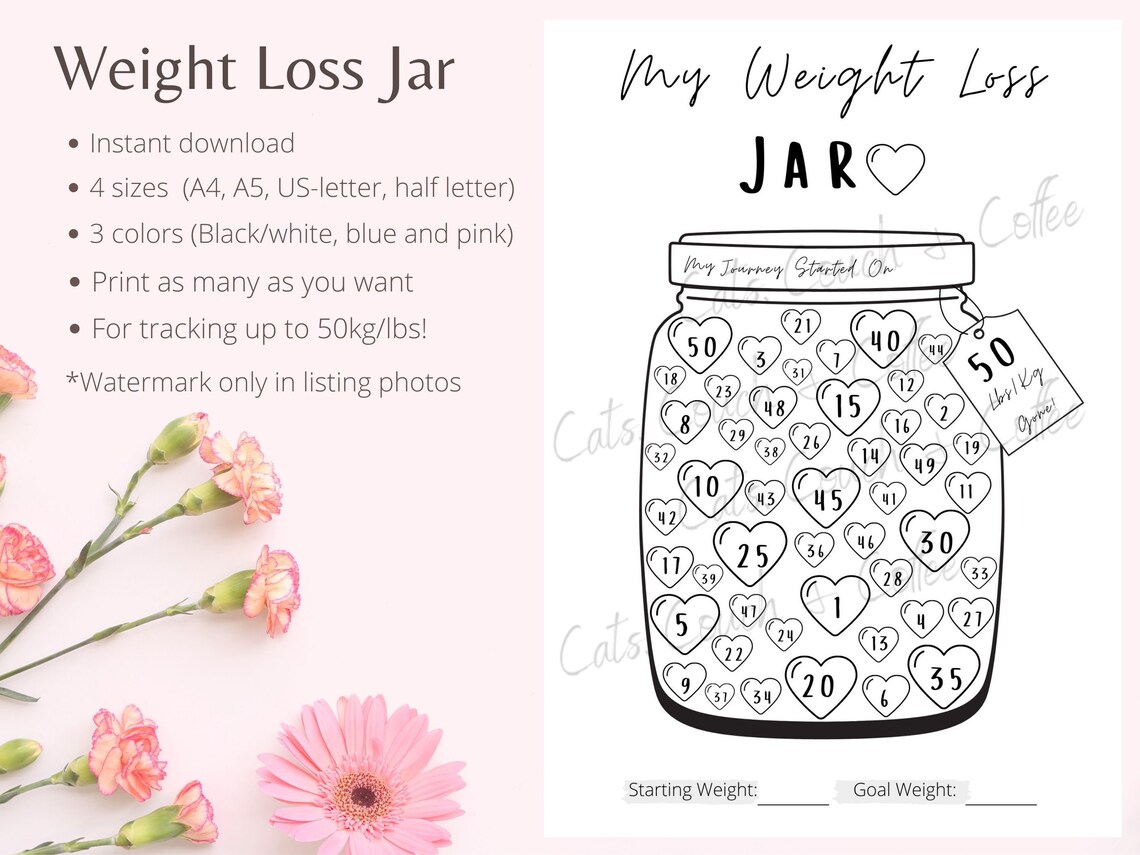 Printable Weight Loss Jar Tracker 50 Lb/kg, Pounds Lost Jar, Weight