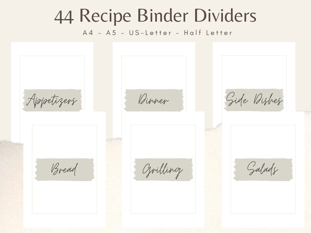 Minimalist Printable Recipe Binder Dividers, 44 Pages, 4 Sizes, DIY Recipe Book Sections, Recipe ...