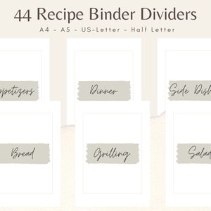 Minimalist Printable Recipe Binder Dividers, 44 Pages, 4 Sizes, DIY ...