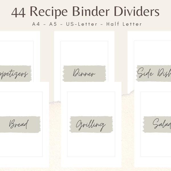 Minimalist Printable Recipe Binder Dividers, 44 Pages, 4 Sizes, DIY Recipe Book Sections, Recipe Binder Kit Seperator, PDF, Instant Download