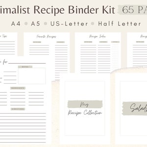 Minimalist Printable Recipe Binder Kit, Recipe Page Template Covers And Dividers, DIY Recipe Book Set, PDF, Simple Customizable Cookbook