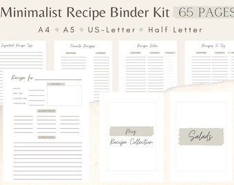 Minimalist Printable Recipe Binder Kit, Recipe Page Template Covers And Dividers, DIY Recipe Book Set, PDF, Simple Customizable Cookbook