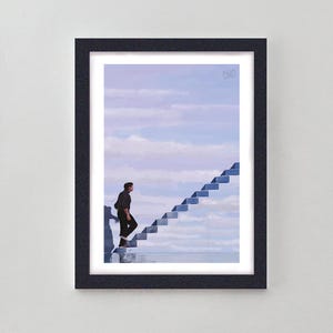 May include: A man walks up a set of stairs that appear to be floating in the sky. The stairs are made of a light blue material and the sky is a light purple colour. The man is wearing a dark jacket and trousers.