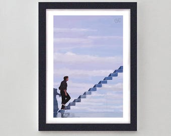 Peut inclure: Un homme monte un escalier qui semble flotter dans le ciel. L'escalier est fait d'un matériau bleu clair et le ciel est d'une couleur violette claire. L'homme porte une veste et un pantalon foncés.