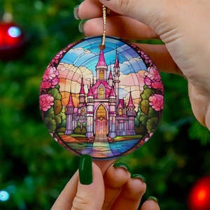 Stained glass printed pink castle ceramic ornament round beautiful ornament gift