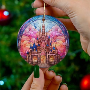 Stained glass printed pink castle ceramic ornament round beautiful ornament gift